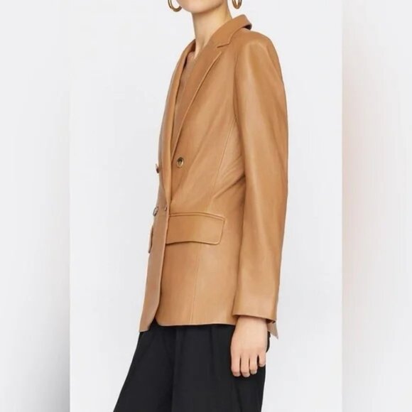 NWT FRAME ’70s Double-Breasted Leather Blazer Latte Size 6 - Picture 6 of 11